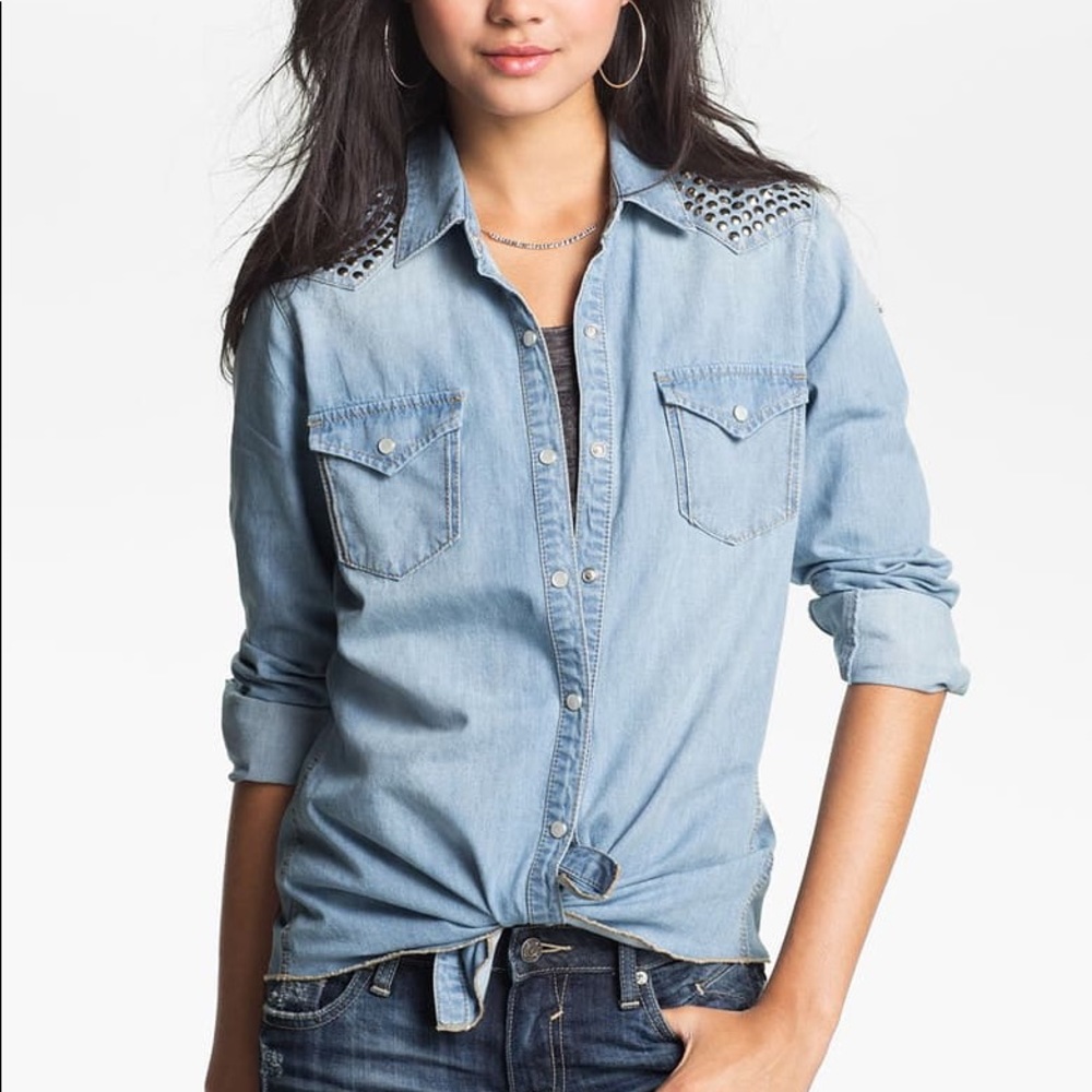 Jolt Studded Denim Button Down Top